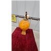 Image 1 : Mid-Century Wood Bracket Table Lamp with Orange Spaghetti/Lucite Globe Shade, Brass Hardware