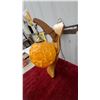 Image 2 : Mid-Century Wood Bracket Table Lamp with Orange Spaghetti/Lucite Globe Shade, Brass Hardware