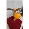 Image 3 : Mid-Century Wood Bracket Table Lamp with Orange Spaghetti/Lucite Globe Shade, Brass Hardware