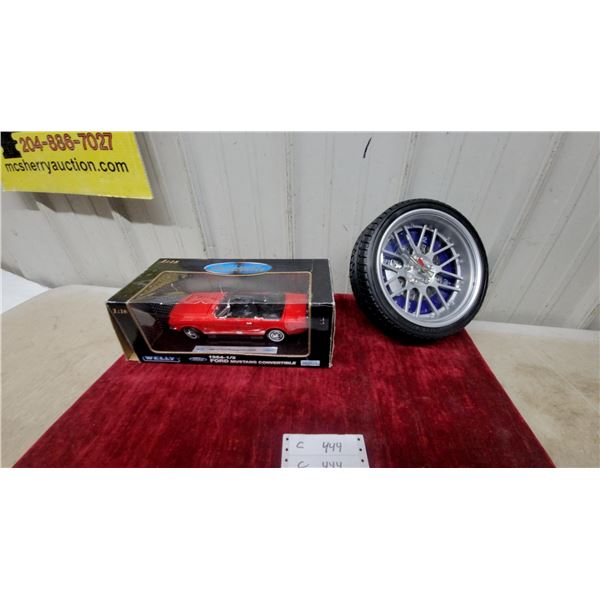 Welly 1:18 1964-1/2 Ford Mustang Convertible Diecast Model (Red) & Tire Wall Clock Diameter 10"