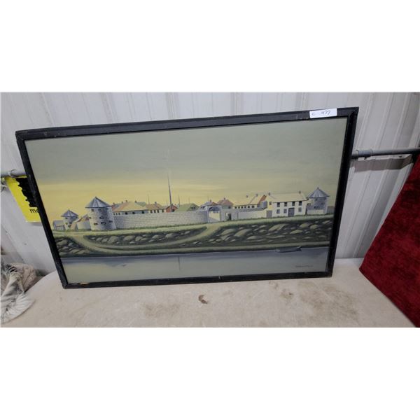 Framed Painting of a Fortified Coastal Town with Stone Towers and Walls, Black Frame 27 x 48"