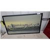 Image 1 : Framed Painting of a Fortified Coastal Town with Stone Towers and Walls, Black Frame 27 x 48"