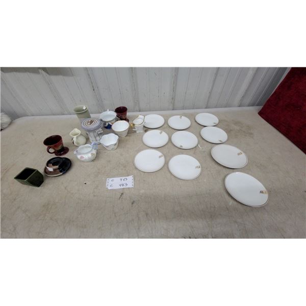 Northwest Territorial Airways Ltd. White China Plates with Gold Trim and Logo, plus Cream and Sugar