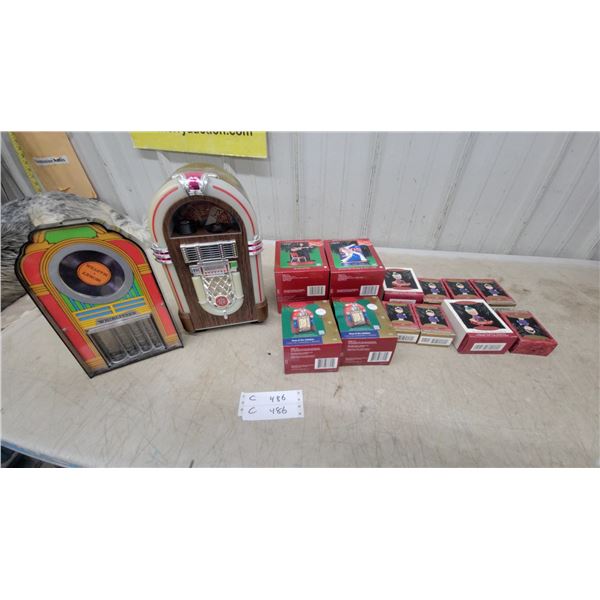 Jukebox Collectibles Lot: 2 Decorative Jukeboxes, Elvis Presley Carlton Ornaments & King of Jukebox