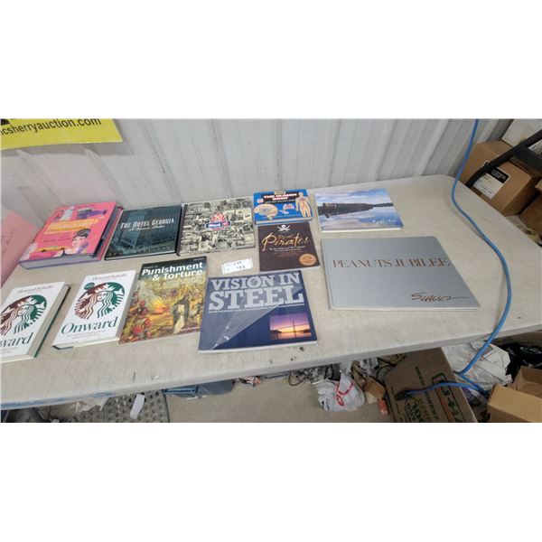 Collection of Books Including Starbucks, Peanuts Jubilee, Vision in Steel, Pirates, Hotel Georgia