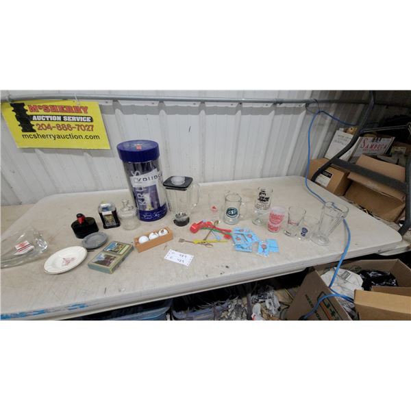 Krups Blender, Assorted Glassware, Ashtrays, Golf Balls, Decorative Plate, Playing Cards, Duck Cig.