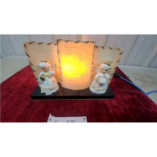 Vintage Table Lamp with Fiberglass Shade and Two Porcelain Angel Figurines (November & July Angels)