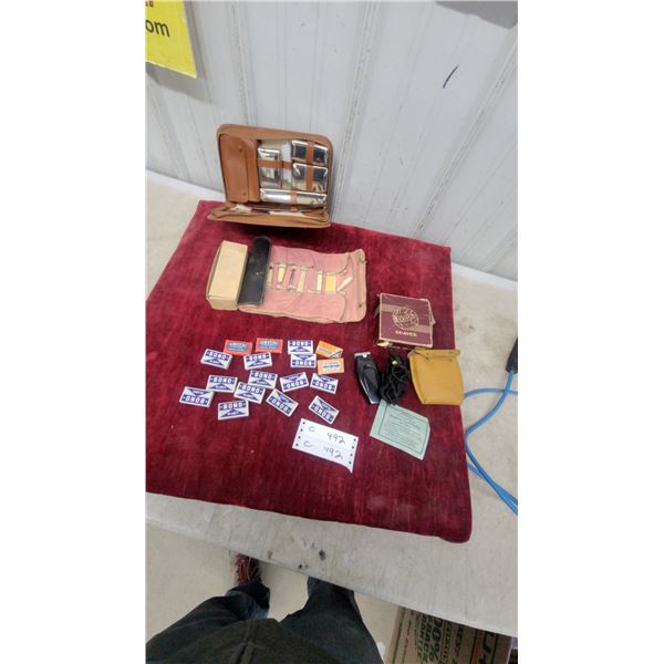 Vintage Shaving Lot: Schick Electric Shaver, Leather Grooming Kit, Manicure Set, Bono Razor Blades