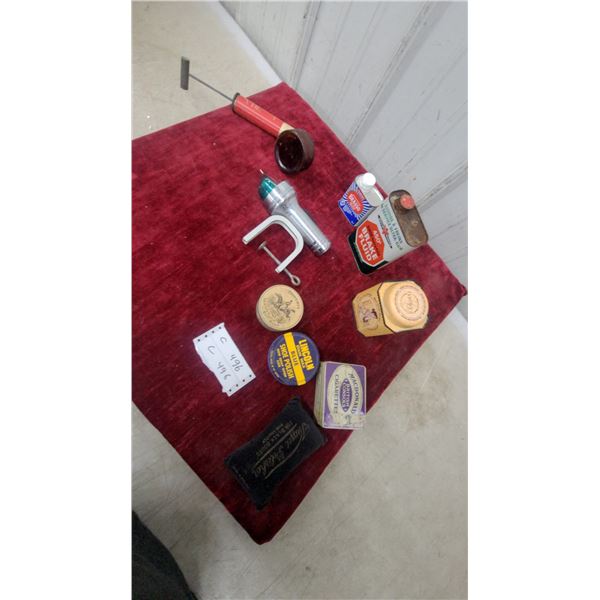 Vintage Lot: Propert's Saddle Soap, Lincoln Shoe Polish, Brasso, Boat Light, Macdonald Cigarette
