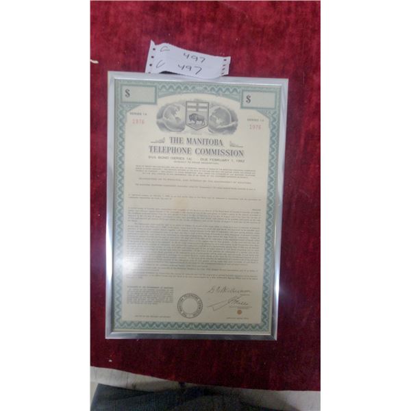 Manitoba Telephone Commission 5½% Bond Series 1A 1976, Due February 1, 1982, Framed 9 x 13"