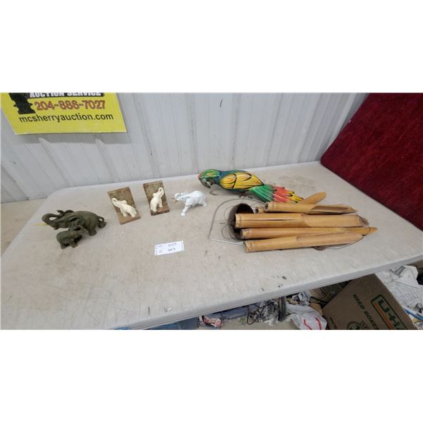 Elephant Figurines, Bookends Bamboo Wind Chime, and Painted Wooden Parrot Decoration