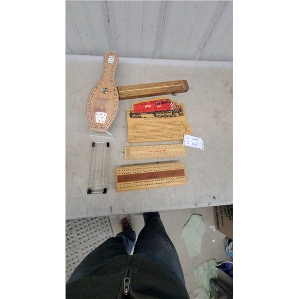 Collection of 6 Cribbage Boards - Cp Rail, Air Canada, Minnesota Senate, Oshkosh Bowling Pin Style