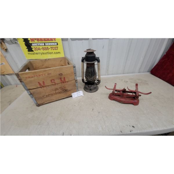 Wooden Crate Marked "Property of M.S.M.", Beacon Kerosene Lantern, and Red Cast Iron Scale No