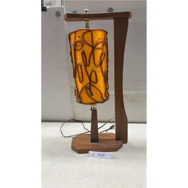 Mid-Century Modern Wooden Table Lamp with Orange Fiberglass Cylindrical Shade 25" High