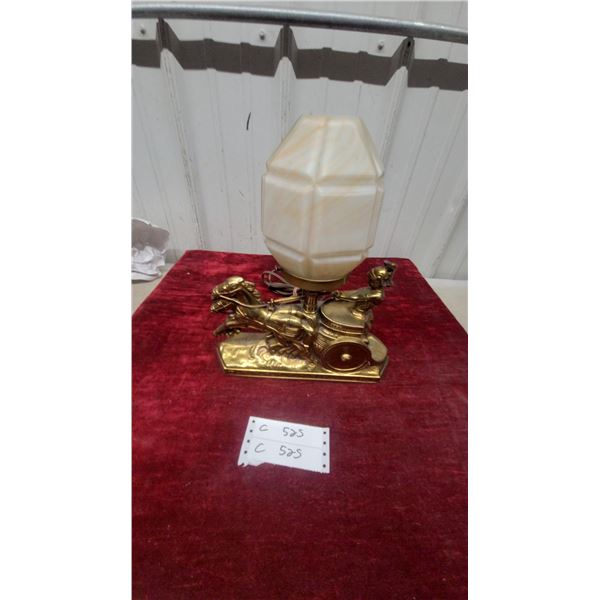 Art Deco Roman Chariot Figural Table Lamp with Frosted Glass Globe Shade, Brass
