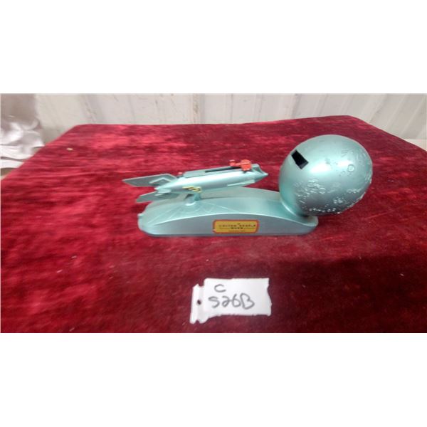 Strato Bank Mechanical Coin Bank with Rocket Ship and Moon, Blue Plastic Vintage