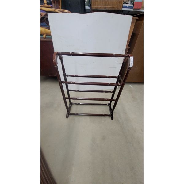 Wooden Quilt Rack with Turned Spindle Design, Dark Cherry Finish, Freestanding