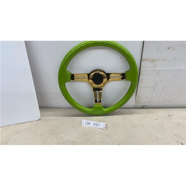 Aftermarket Steering Wheel, Lime Green Rim with Gold Chrome 3-spoke Center, 350mm, 6-bolt Pattern