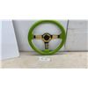 Image 1 : Aftermarket Steering Wheel, Lime Green Rim with Gold Chrome 3-spoke Center, 350mm, 6-bolt Pattern