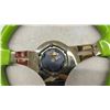 Image 3 : Aftermarket Steering Wheel, Lime Green Rim with Gold Chrome 3-spoke Center, 350mm, 6-bolt Pattern
