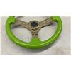 Image 4 : Aftermarket Steering Wheel, Lime Green Rim with Gold Chrome 3-spoke Center, 350mm, 6-bolt Pattern