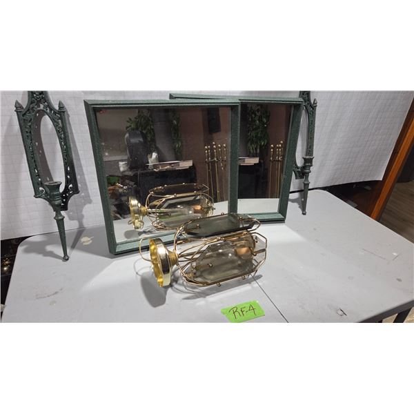 Two 16" Decorative Wall Mirrors, Matching Candle Holders, Smoked Glass Ceiling Fixture