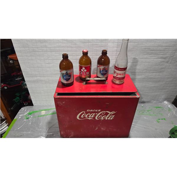 Antique Metal Coca-Cola Cooler 16" x 12" x 7", Drink Bottle and 3 Stubby Beer Bottles
