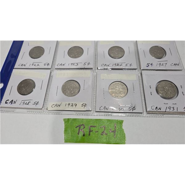 Eight Canada Nickels 1922, 1923, 1924, 1927, 1928, 1929, 1930, 1931