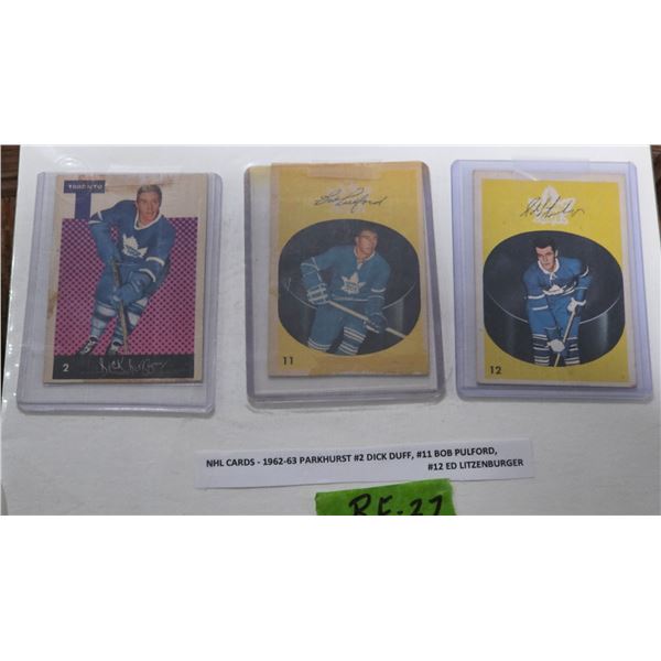 1962-63 Parkhurst NHL #2 Dick Duff, #11 Bob Pulford, #12 Ed Litzenberger