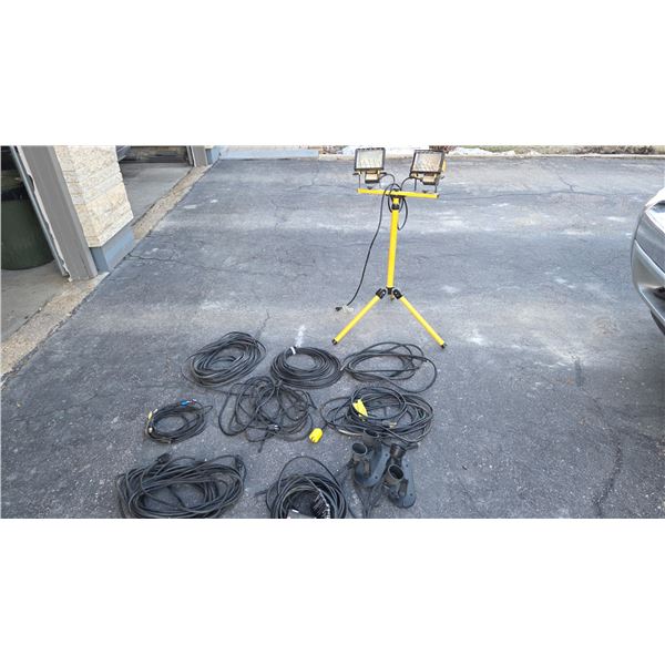 Approx 25 Lbs Misc Wire, Cords, Cable, Double Halogen Work Light/Stand