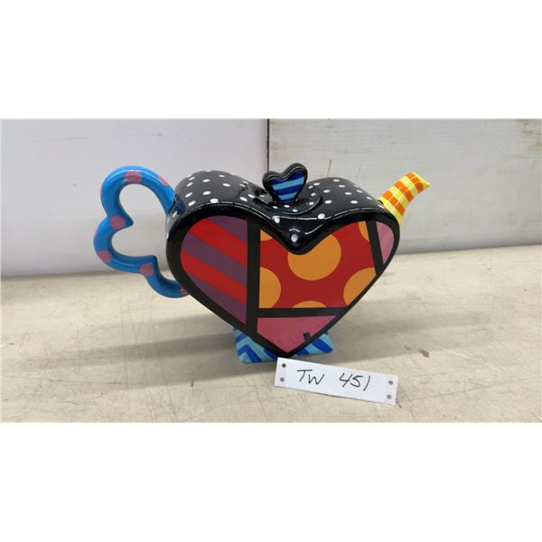 Romero Britto Heart-Shaped Ceramic Teapot with Polka Dots and Geometric Pop Art Design. (Small Chip