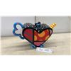 Image 1 : Romero Britto Heart-Shaped Ceramic Teapot with Polka Dots and Geometric Pop Art Design. (Small Chip