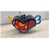 Image 8 : Romero Britto Heart-Shaped Ceramic Teapot with Polka Dots and Geometric Pop Art Design. (Small Chip