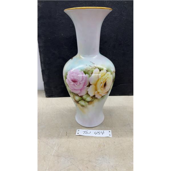 Beryl Signed Hand-Painted Porcelain Vase with Floral Rose Design & Gold Rim