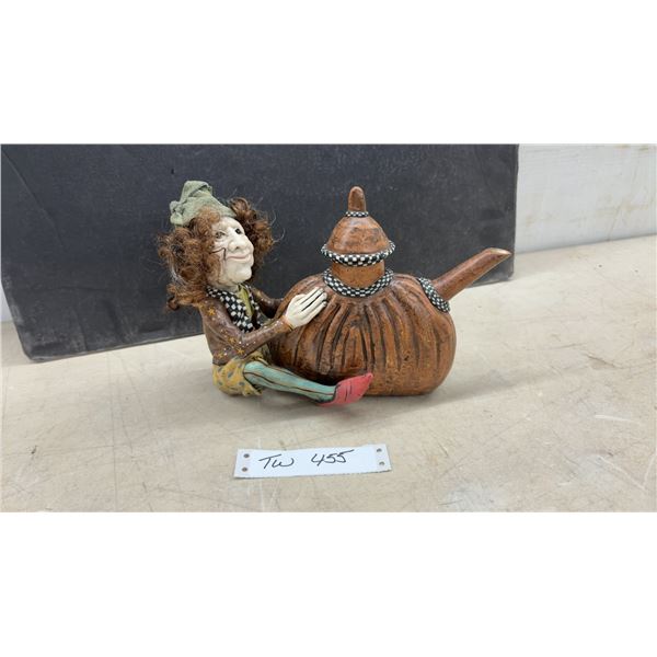 Original Tom Hatton Signed Whimsical Art Teapot with Figural Woman, Curly Hair & Fabric Hat