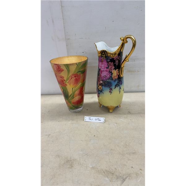 Floral Glass Vase with Tulips 12" H & Porcelain Ewer Pitcher with Roses, Gold Handle and Feet 16" H