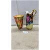 Image 1 : Floral Glass Vase with Tulips 12" H & Porcelain Ewer Pitcher with Roses, Gold Handle and Feet 16" H