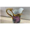 Image 6 : Floral Glass Vase with Tulips 12" H & Porcelain Ewer Pitcher with Roses, Gold Handle and Feet 16" H