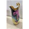 Image 9 : Floral Glass Vase with Tulips 12" H & Porcelain Ewer Pitcher with Roses, Gold Handle and Feet 16" H