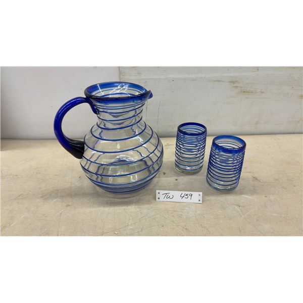 Mexican Hand-Blown Glass Pitcher (9 1/2" H) with 2 Matching Glasses, Clear with Cobalt Blue Spiral