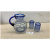 Image 1 : Mexican Hand-Blown Glass Pitcher (9 1/2" H) with 2 Matching Glasses, Clear with Cobalt Blue Spiral