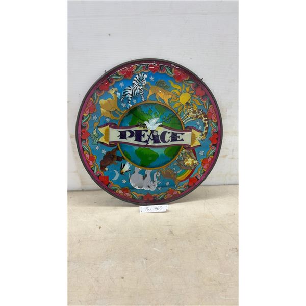 Stained Glass Style Round "Peace" Suncatcher with Animals and Globe Design, Metal Frame 21 1/2"