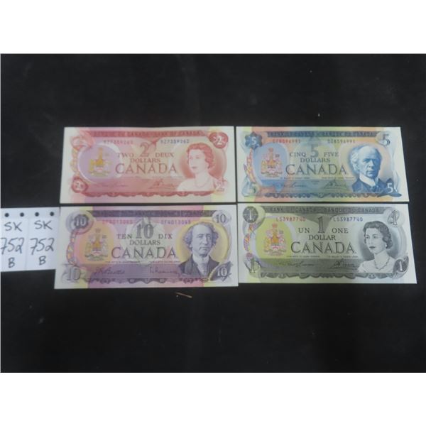 Set of UNC 1973 $1 Bill, UNC 1974 $2 Bill, AU 1975 $5 Bill, UNC 1971 $10 Bill