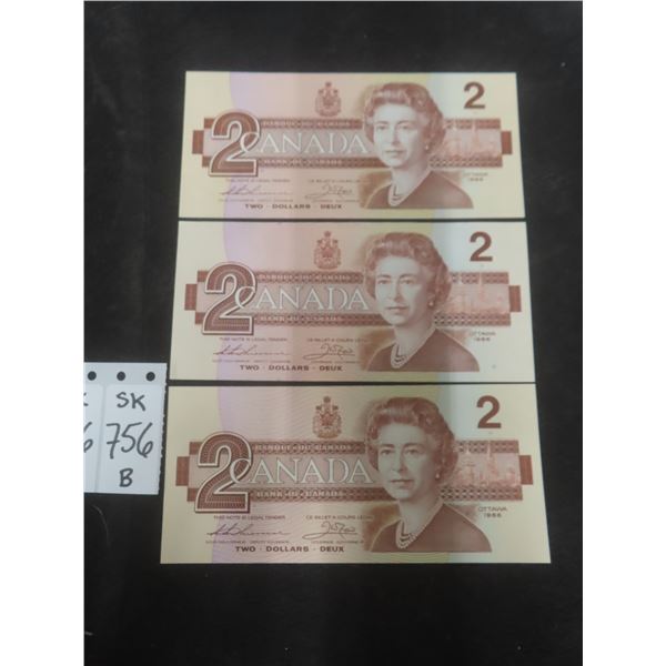 Three Uncirculated 1986 Canada $2 Bills