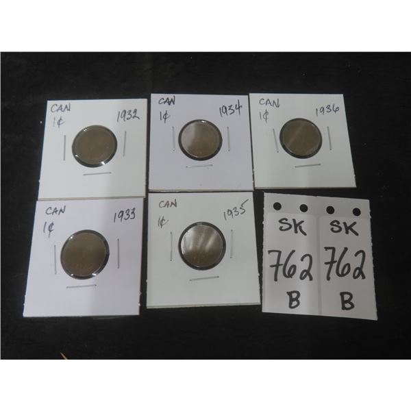 Five Canada Small Pennies, 1932, 1933, 1934, 1935, 1936