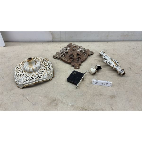 Antique Cast Iron Hardware 2 Ornate Lamp Bases, Mortise Lock and More