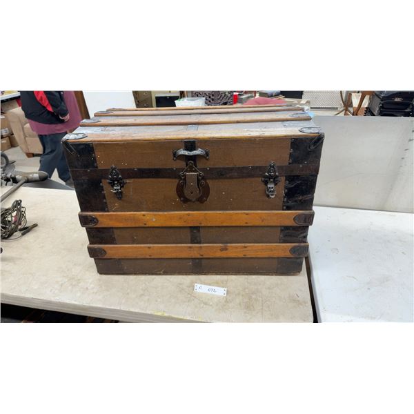 Antique Flat-Top Steamer Trunk with Oak Slats, Metal Hardware & Inside Tray, 20 x 28 x 19