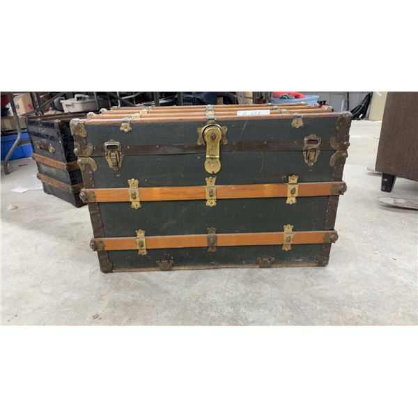 Antique Flat-Top Steamer Trunk 23 x 34 x 19 with Wood Slats and Brass Hardware