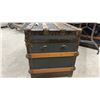 Image 2 : Antique Flat-Top Steamer Trunk 23 x 34 x 19 with Wood Slats and Brass Hardware
