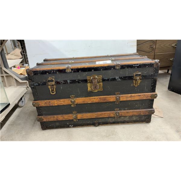 Antique Flat-Top Steamer Trunk 20 x 34 x 17 with Inside Tray, Wood Slats and Brass Hardware